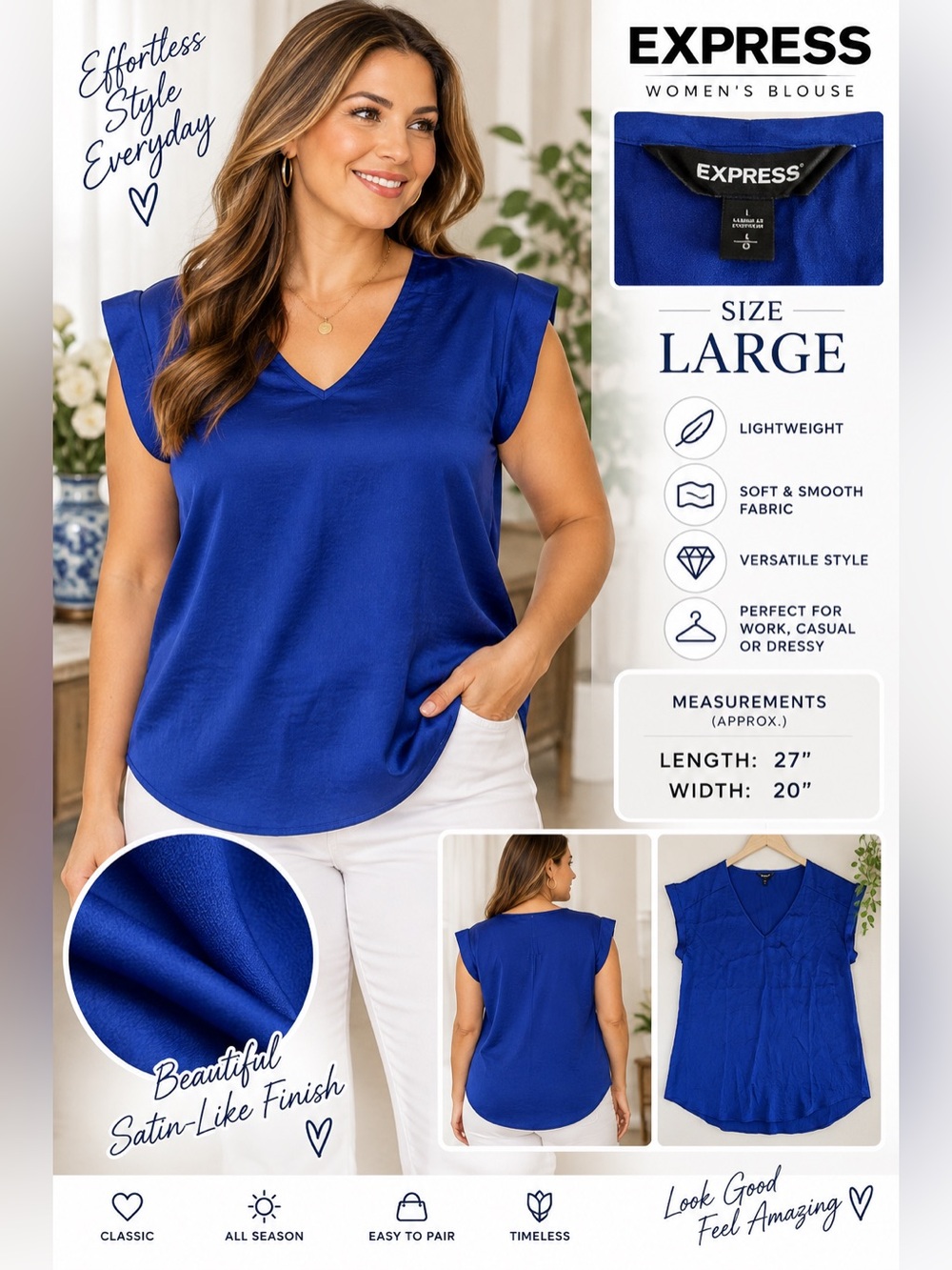 Express Women’s Blue Satin Blouse V-Neck Cap Sleeve Size L